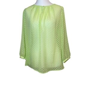 The Limited Blouse Sheer Polka Dot Long Sleeve Top Keyhole Neck‎ M Chartreuse